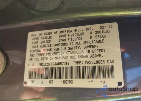 2010 Honda Accord 2.4 Ex-L from USA, damaged, VIN 1HGCP2F89AA097312